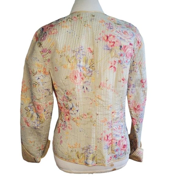 Womens Sz‎ Medium 8 Yellow Floral Quilted Jacket Thin Reversible Open Front - Picture 3 of 10